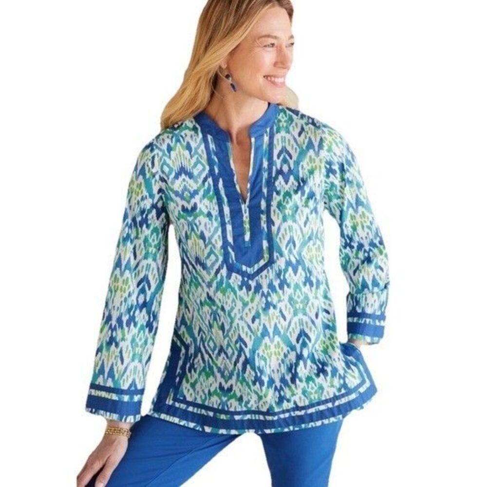 SOFT SURROUNDINGS Blue Green Kirti Ikat Tunic Poplin Split Neck Medium